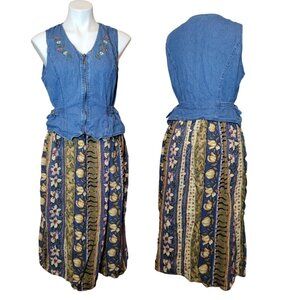 Retro combo jeans maxi dress, Vintage 90s retro denim & fabric Zip Up Sz 12